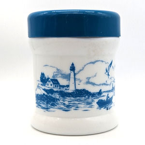 70s Milk Glass Humidor Canister Tobacco Jar w Rubber Lid Blue Coastal Fishing